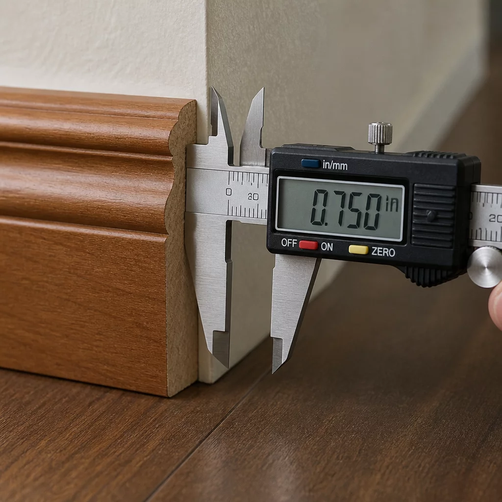 Calipers measuring the thickness of a baseboard