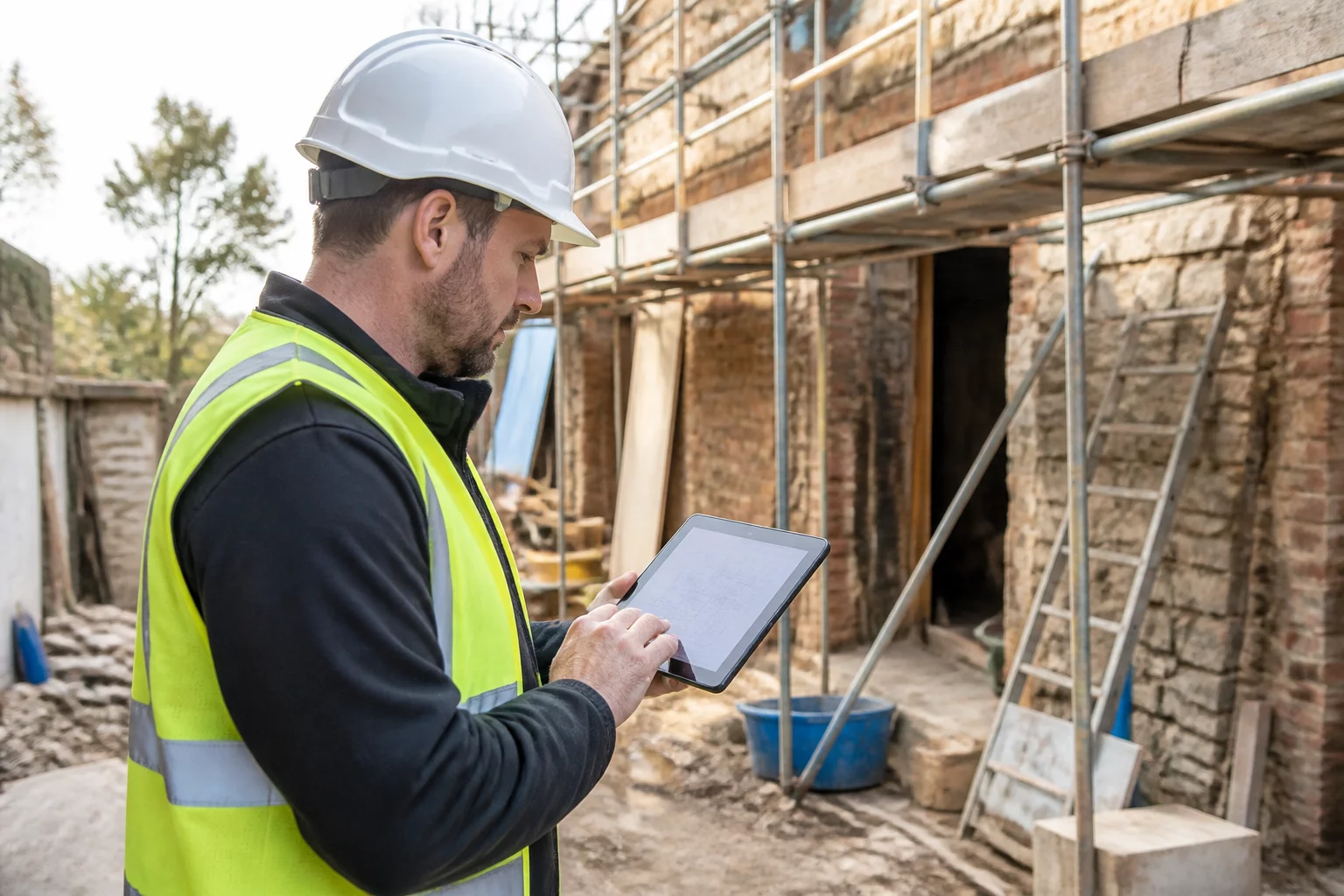 Field inspector capturing systematic structural documentation on tablet