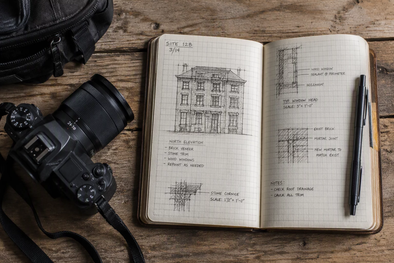 Field notebook with architectural sketches and camera