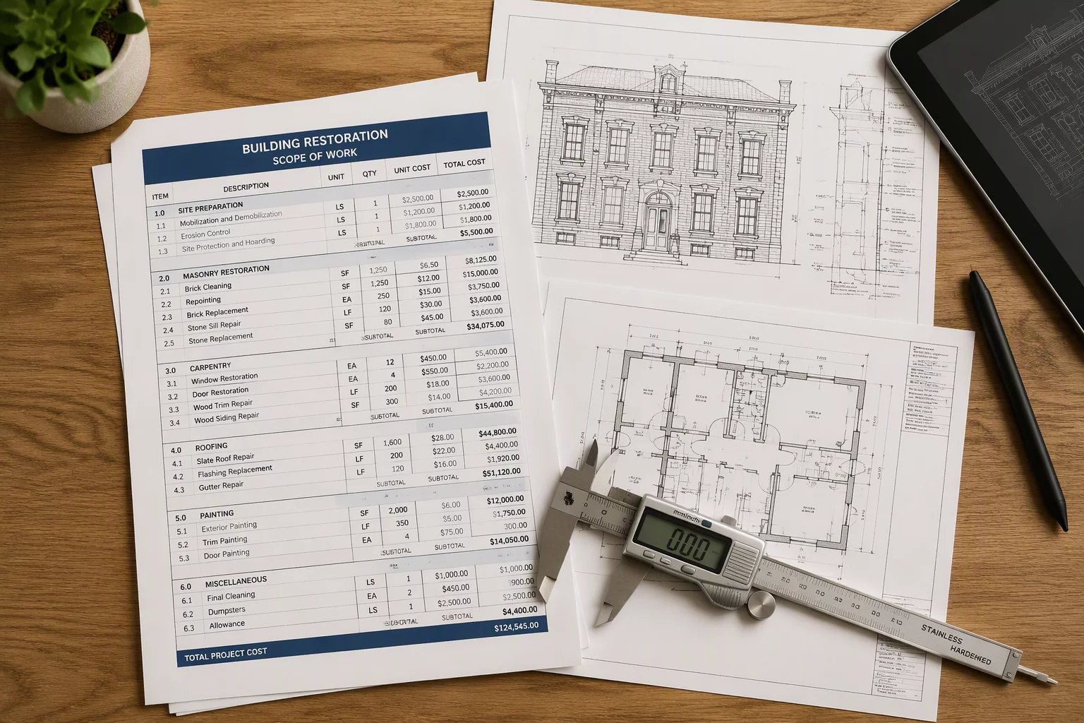 Itemized restoration scope spreadsheet and building schematic review