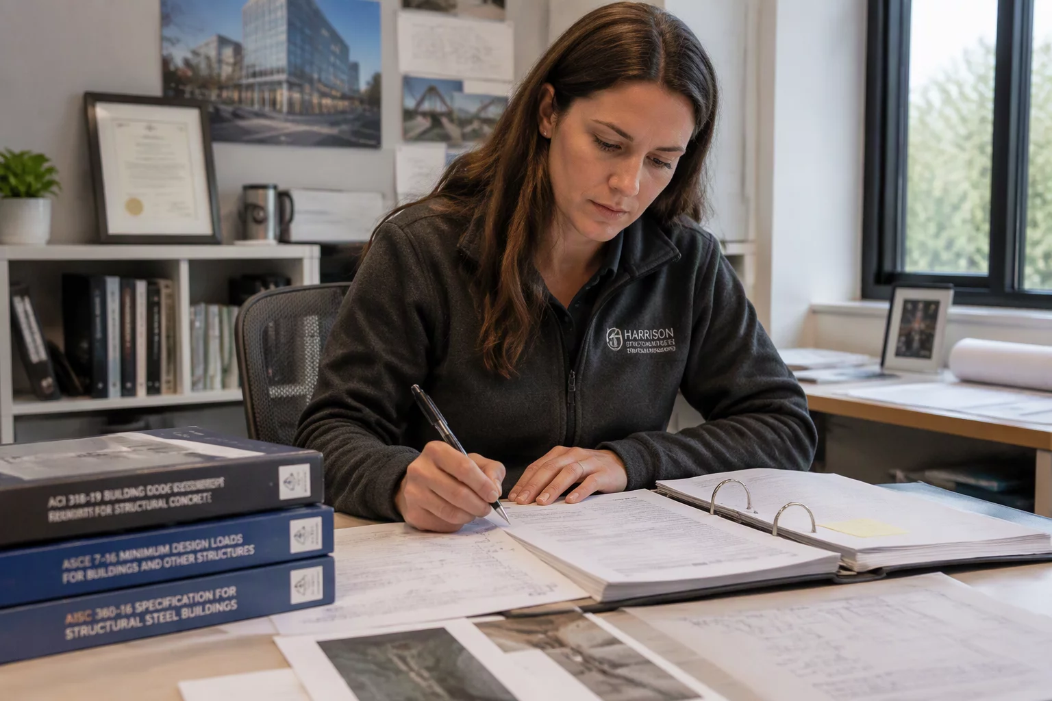 Architectural reviewer comparing building specifications with field notes